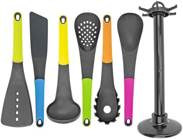 Set of 7 Kitchen Utensils w Holder, Silicone Handles - Includes Ladle, Spatula, Spoon, Spaghetti Server, and More For Cheap - Image 2