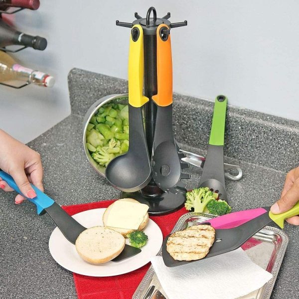 Set of 7 Kitchen Utensils w Holder, Silicone Handles - Includes Ladle, Spatula, Spoon, Spaghetti Server, and More For Cheap - Image 4