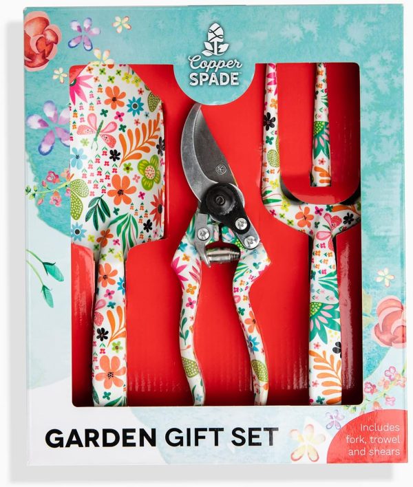 Copper Spade 3 Piece Decorative Butterflies & Flowers Garden Tool Set, Includes Trowel, Pruning Shears & Cultivator Fork For Sale