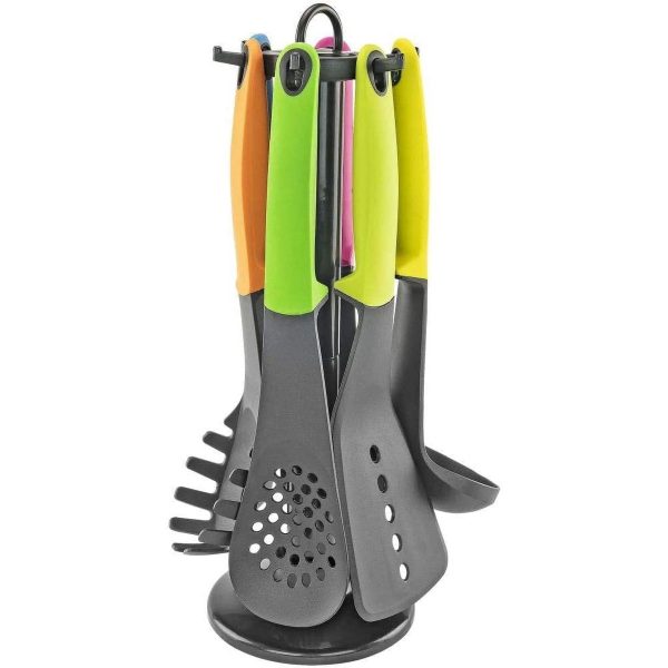 Set of 7 Kitchen Utensils w Holder, Silicone Handles - Includes Ladle, Spatula, Spoon, Spaghetti Server, and More For Cheap