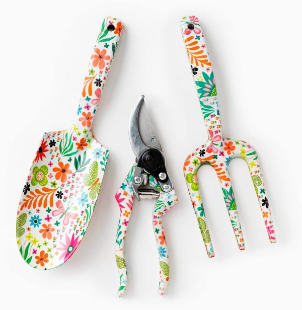 Copper Spade 3 Piece Decorative Butterflies & Flowers Garden Tool Set, Includes Trowel, Pruning Shears & Cultivator Fork For Sale - Image 2